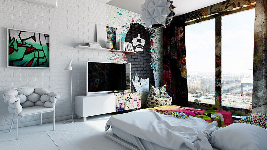 Стая в бяло и графити