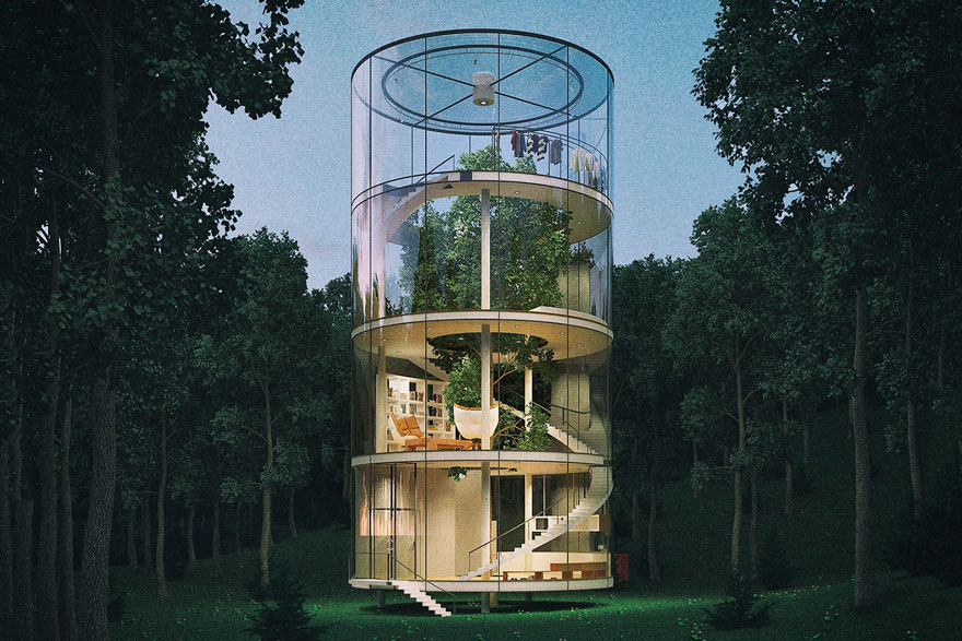 Изумителна стъклена къща, построена около дърво