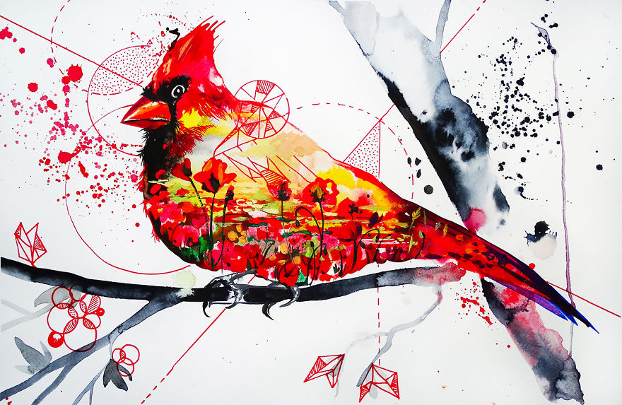 Красиви птици, нарисувани чрез смесването на три техники