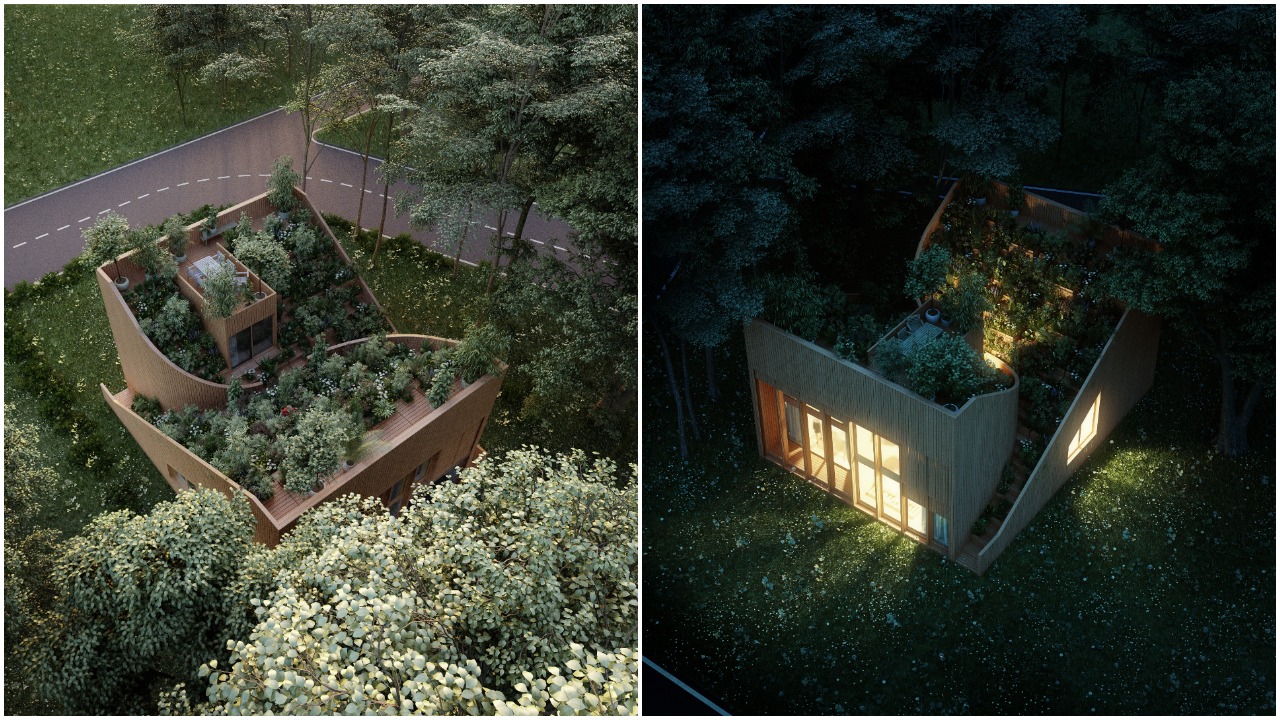 Уникална къща с формата на Ин и Ян с градина на покрива