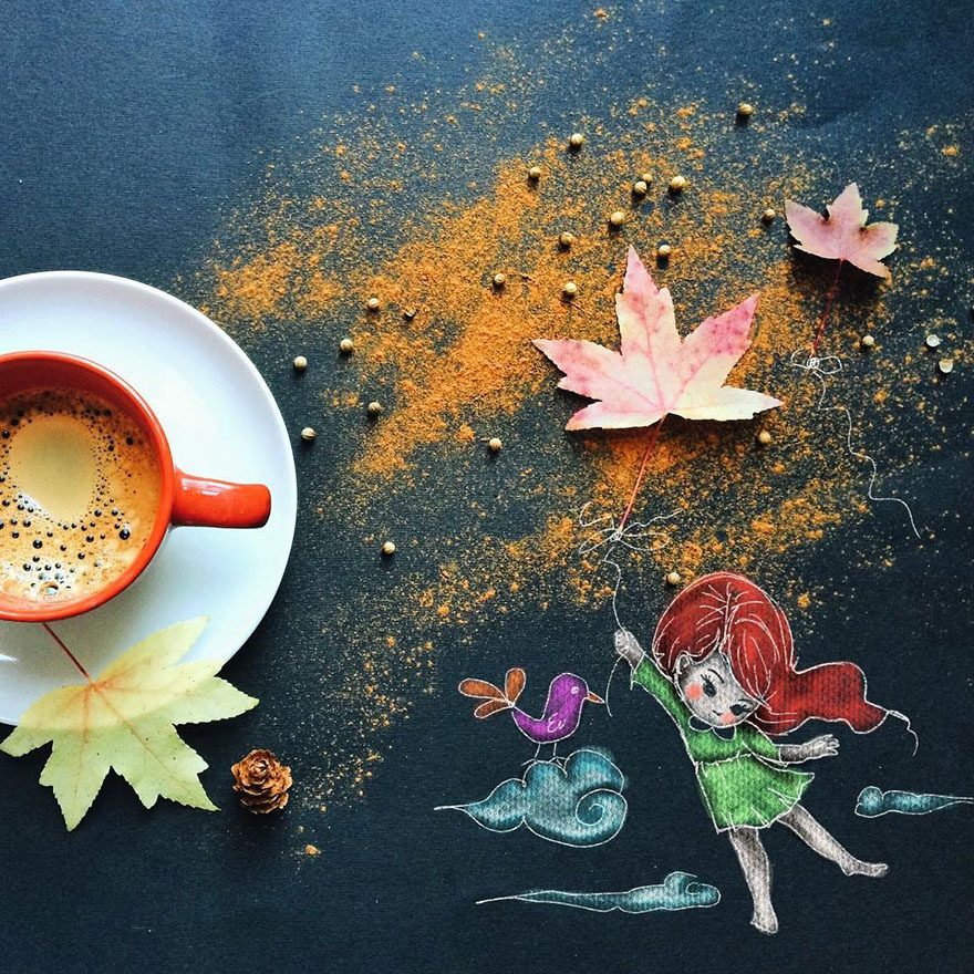 Сладки илюстрации, нарисувани на чаша сутрешно кафе