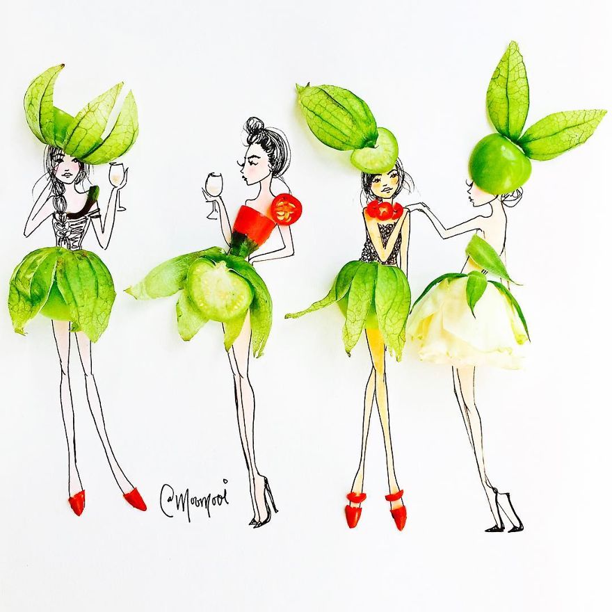 100 модни илюстрации, създадени от цветя, плодове и зеленчуци