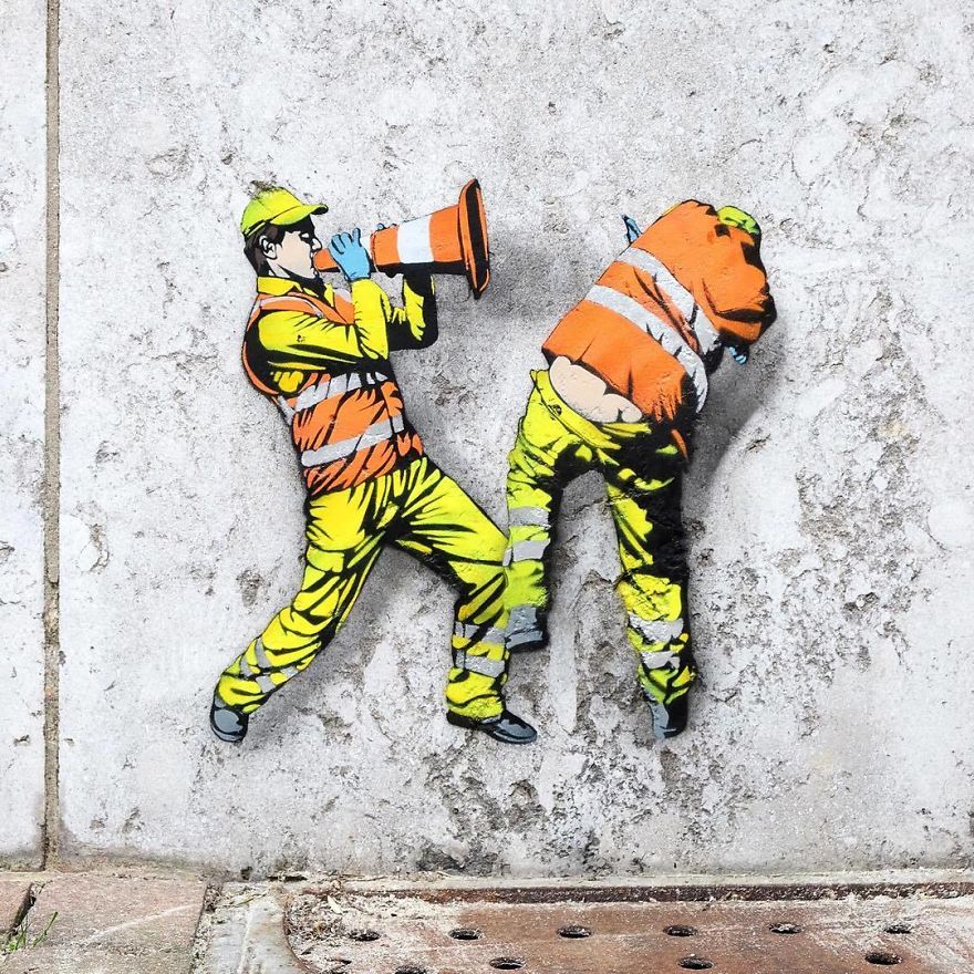 Забавни улични рисунки разкриват тайния живот на работници