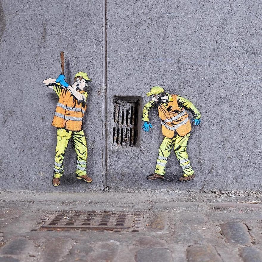 Забавни улични рисунки разкриват тайния живот на работници