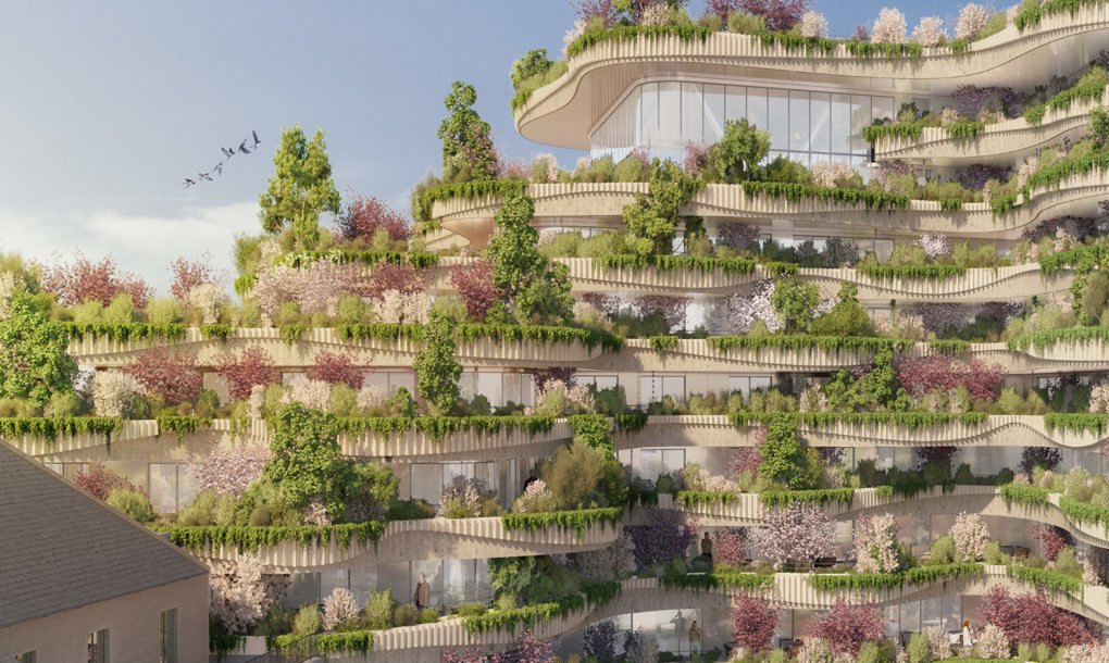 Уникална еко сграда със зеленчукови градини на терасите