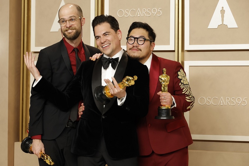 Daniel Scheinert, Jonathan Wang, and Daniel Kwan, winners of the Best Picture award for "Everything Everywhere All At Once," pose in the press room during the 95th Annual Academy Awards on March 12, 2023 in Hollywood, California. (Photo by Mike Coppola/Getty Images)