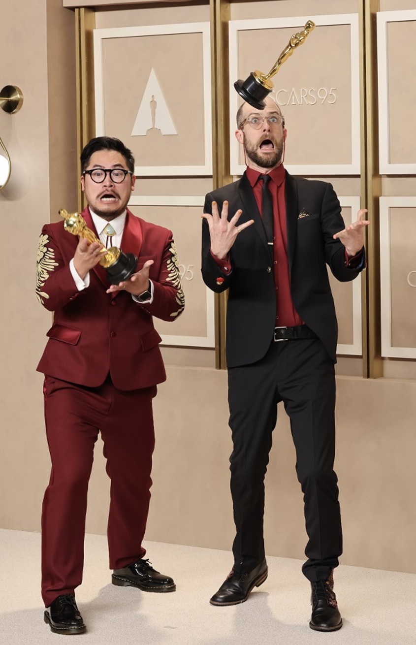  Daniel Kwan and Daniel Scheinert, winners of the Best Director award for ’Everything Everywhere All at Once’ pose in the press room during the 95th Annual Academy Awards at Ovation Hollywood on March 12, 2023 in Hollywood, California. (Photo by Rodin Eckenroth/Getty Images)