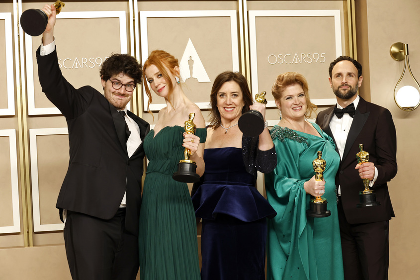 Daniel Roher, Odessa Rae, Diane Becker, Malanie Miller, and Shane Boris, winners of the Best Documentary Feature Film award for "NAVALNY," pose in the press room during the 95th Annual Academy Awards on March 12, 2023 in Hollywood, California. (Photo by Mike Coppola/Getty Images)